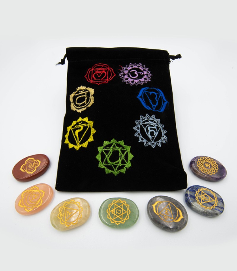 Set of 7 Chakra Stones in Embroidered Pouch